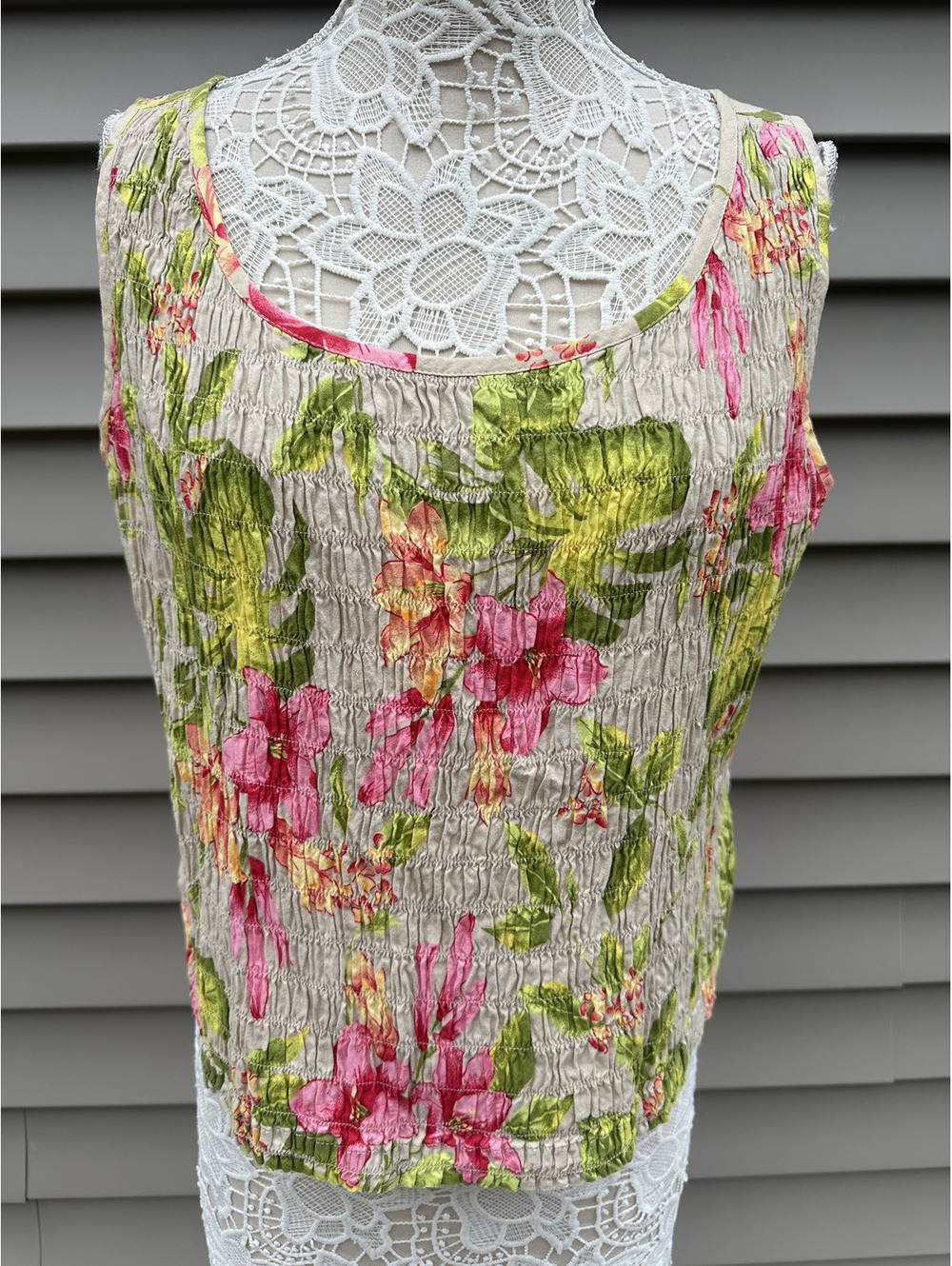 Erika Petite Floral Smocked Tank Top Cream Pink Lightweight Summer
